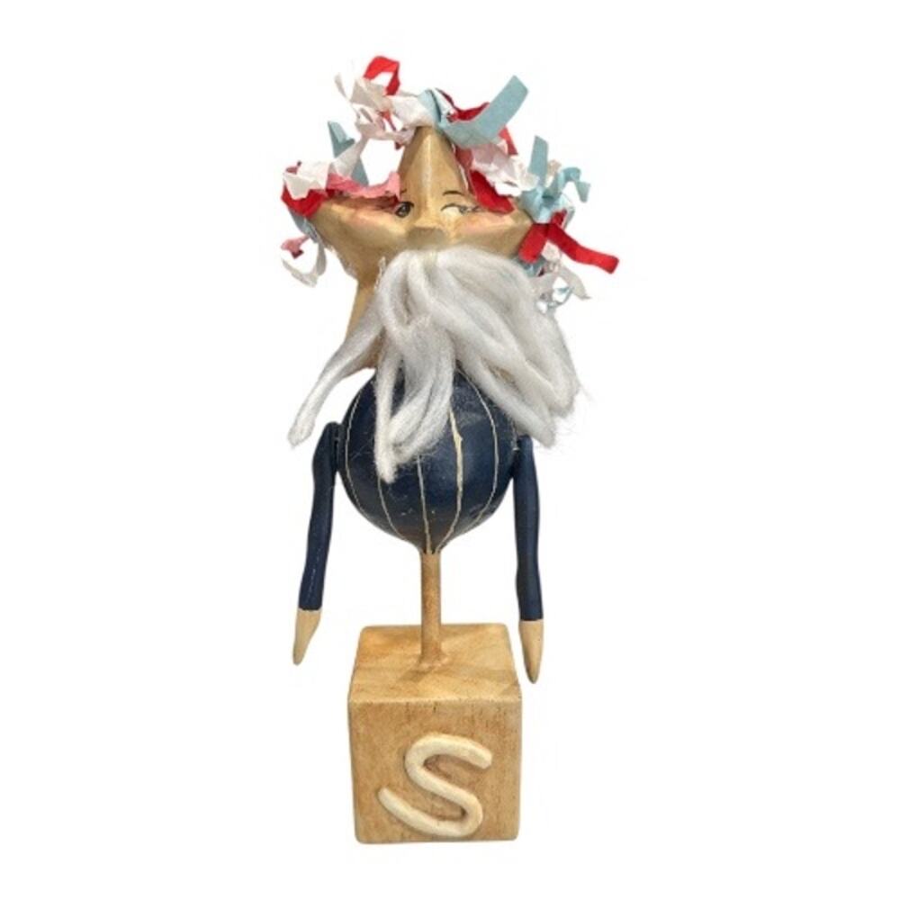 Lexi Grenger Primitive Wooden Star Head Uncle Sam Yarn Beard Figurine